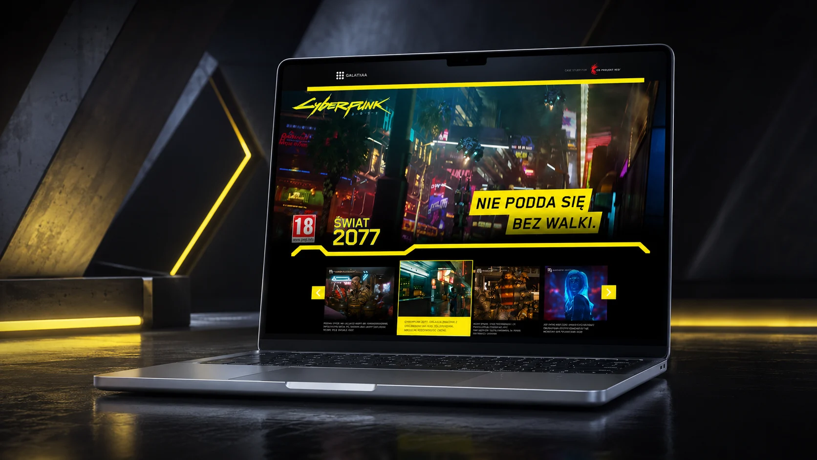 Makieta strony Cyberpunk 2077 wyświetlona na laptopie MacBook w ciemnym, neonowo oświetlonym otoczeniu.