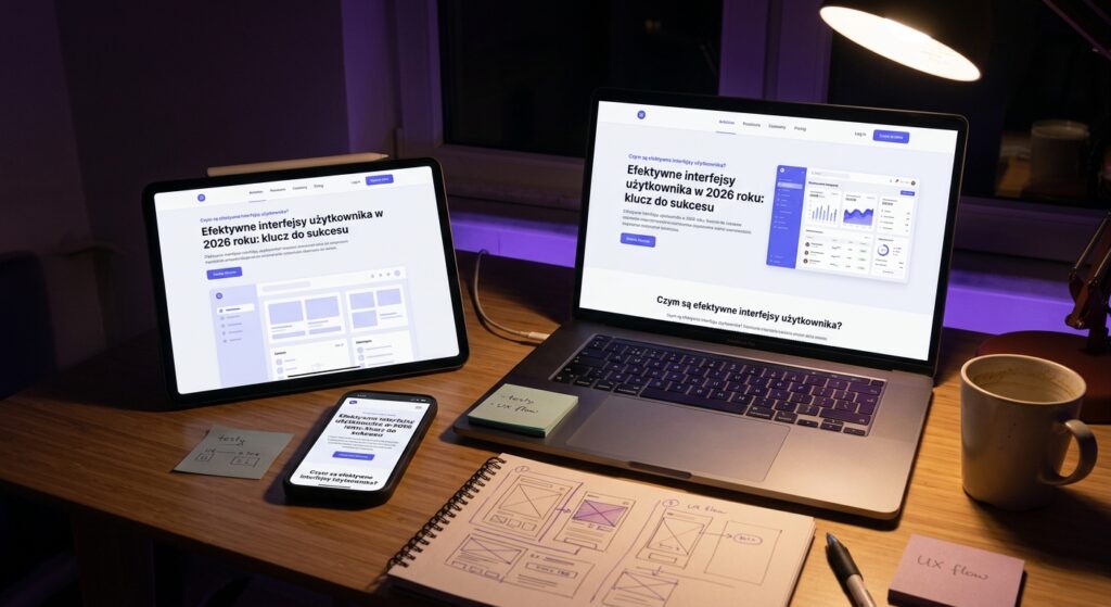 Responsywny interfejs strony internetowej na laptopie, tablecie i smartfonie