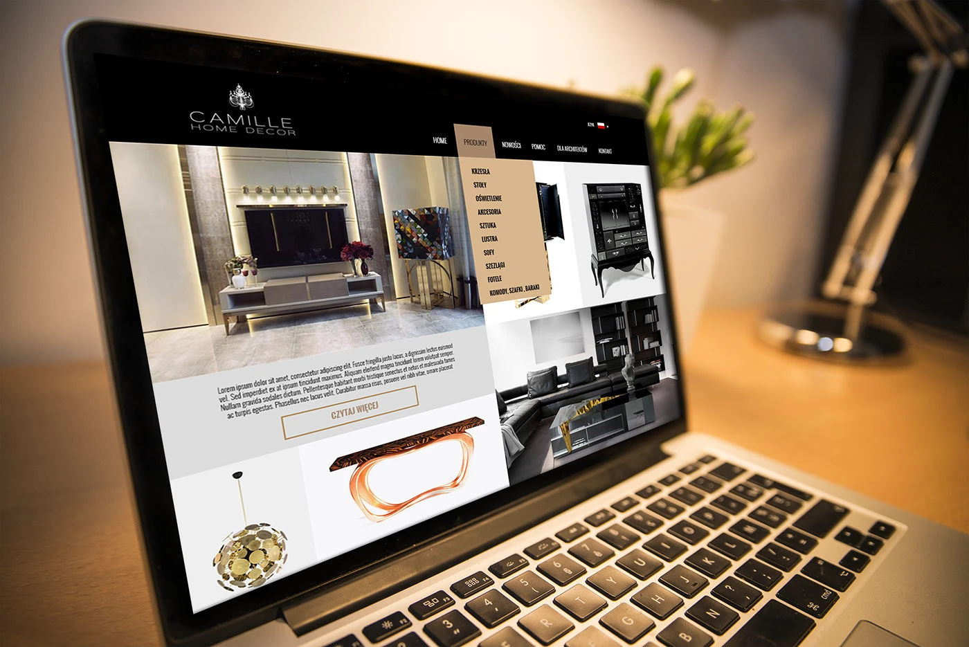 Projekt sklepu internetowego Camille Home Decor – strona główna z meblami i oświetleniem na ekranie laptopa